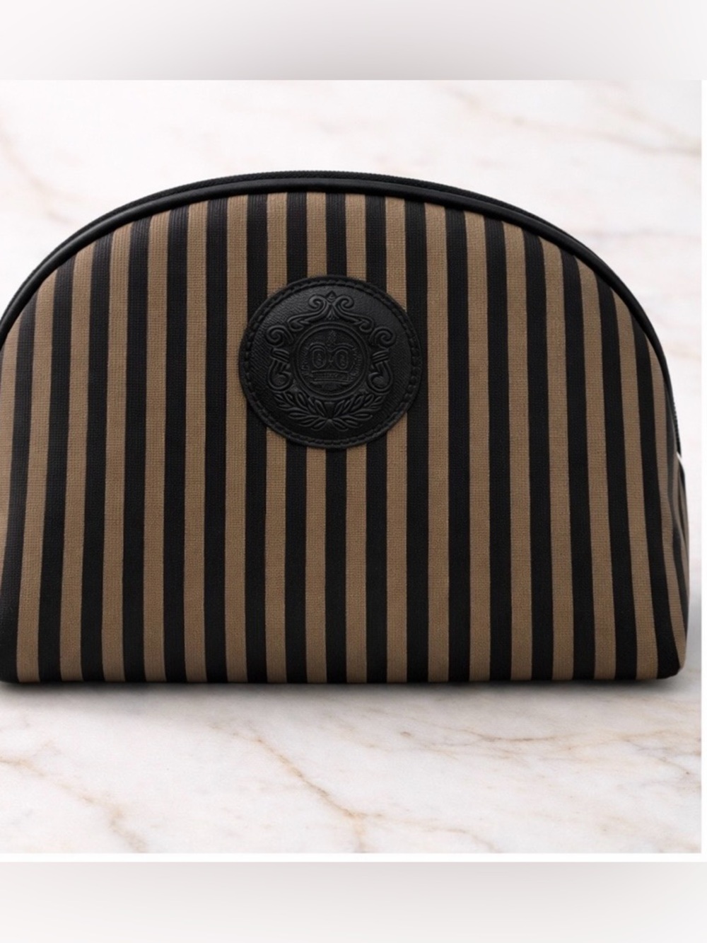 Fendi Pequin Stripe Cosmetic Pouch Brown Black Vintage Travel Case Clutch